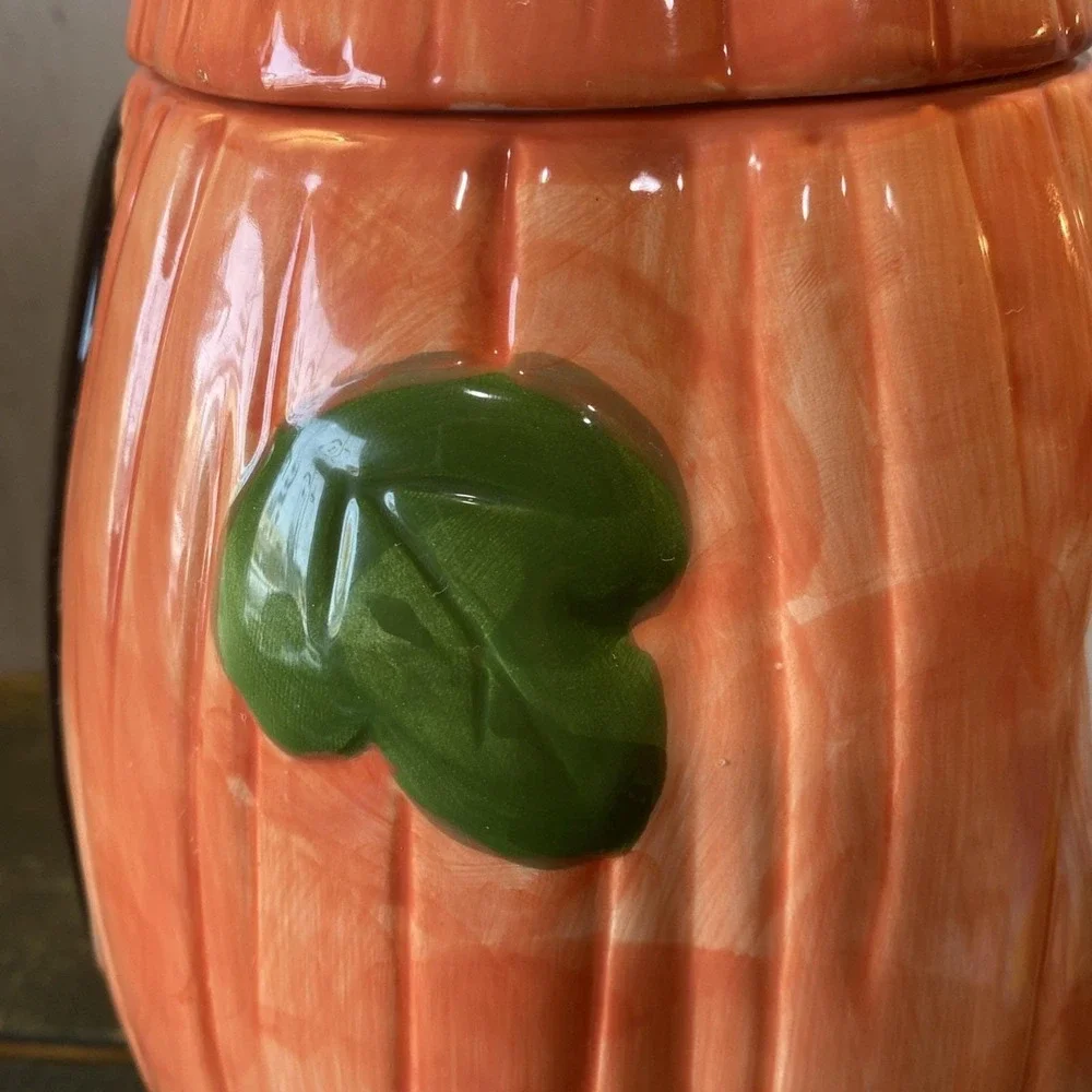 Vintage‎ 90s Ceramic Cookie Jar Halloween Tall Pumpkin Black Cat Ghost Canister